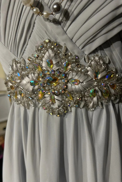 Robes de bal vintage en mousseline de soie grise sans bretelles coupe trapèze avec corsage perlé sans manches années 90 longue robe de soirée formelle N2636