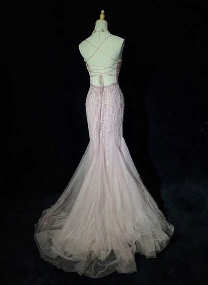 Robes de bal intemporelles sirène fines bretelles tulle rose clair avec perles dos nu longues tenues de soirée N3233