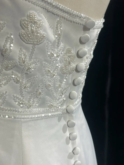 Vintage 90s Wedding Dresses Mermaid Strapless Satin White Beading Summer Garden Long Bridal Gown N3823