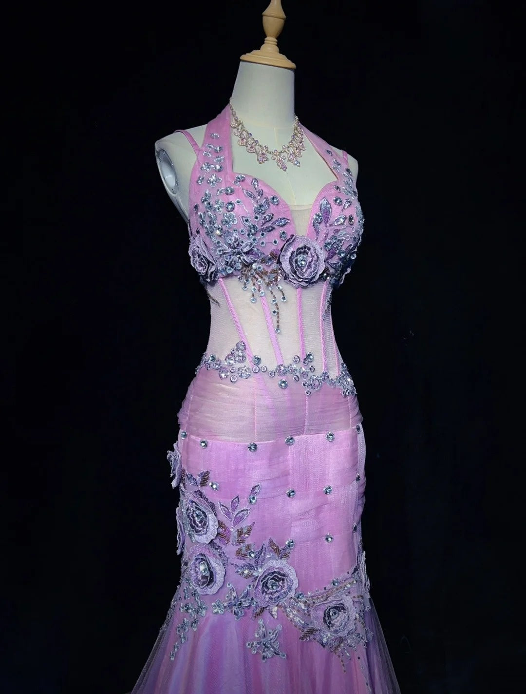 Robes de bal modestes sirène licou tulle lilas avec perles dentelle longue robe de soirée formelle N3882