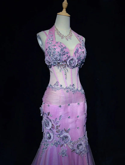 Robes de bal modestes sirène licou tulle lilas avec perles dentelle longue robe de soirée formelle N3882