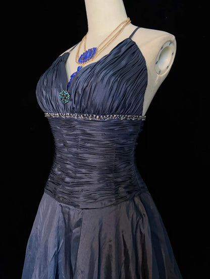 Robes de bal intemporelles en taffetas bleu marine, avec perles et cape, tenues de soirée N3287