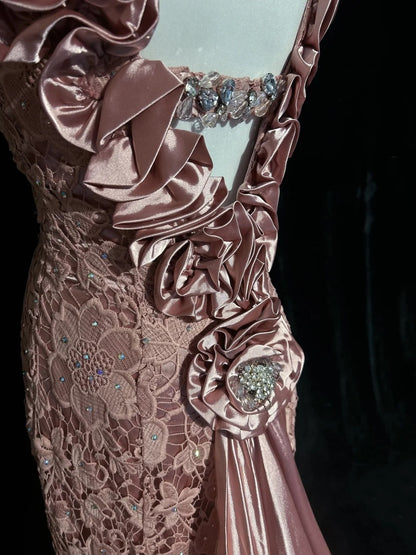 Vintage Meerjungfrauen-Abschlussballkleider mit V-Ausschnitt, rosa Spitze mit 3D-Blumen, lange Abendrobe aus den 1950er Jahren N2594