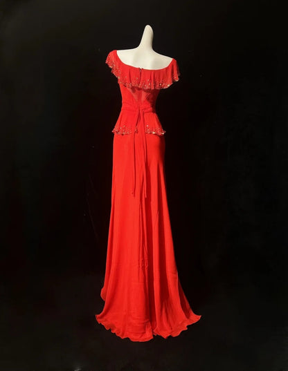 Vintage Prom Dresses 80s Sheath Scoop Red Chiffon Long With Beading Evening Formal Outfits RB5140