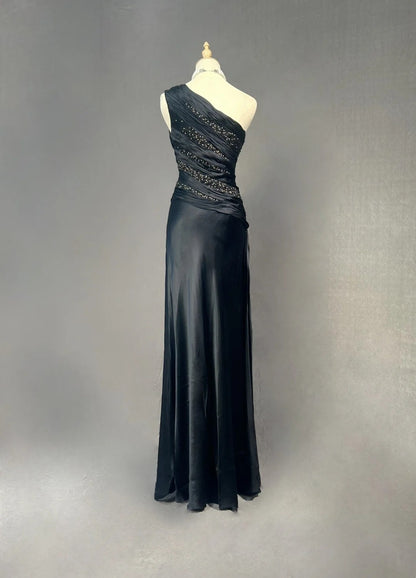 Elegante Abschlussballkleider Meerjungfrau One Shoulder Satin Black Tie Kleid mit Perlen Lang Formelle Abendgarderobe N3704