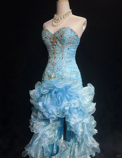 Robes de bal vintage, bustier en cœur, coupe asymétrique, bleu, sans manches, style années 80, longue robe de soirée N2862