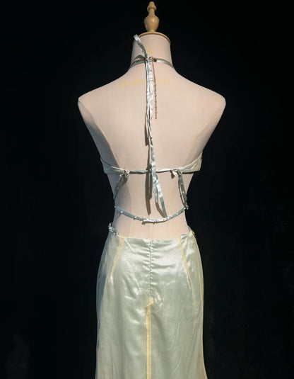 Élégantes Robes de Bal Chic Sirène Licou Vert Satin Dos Nu Sans Manches Avec Perles Robes de Soirée Semi-Formelles N3799