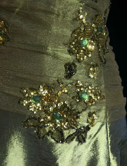 Vintage Abschlussballkleider Meerjungfrau Sweetheart Olivgrün Satin mit Perlenbesatz 1980er Jahre Langes Abendkleid N2622
