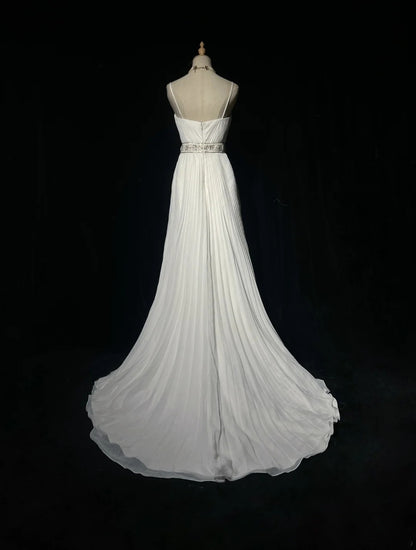 Robes de mariée vintage années 90, coupe trapèze, à fines bretelles, blanches unies, pour mariage estival en jardin, longue robe de mariée N3721
