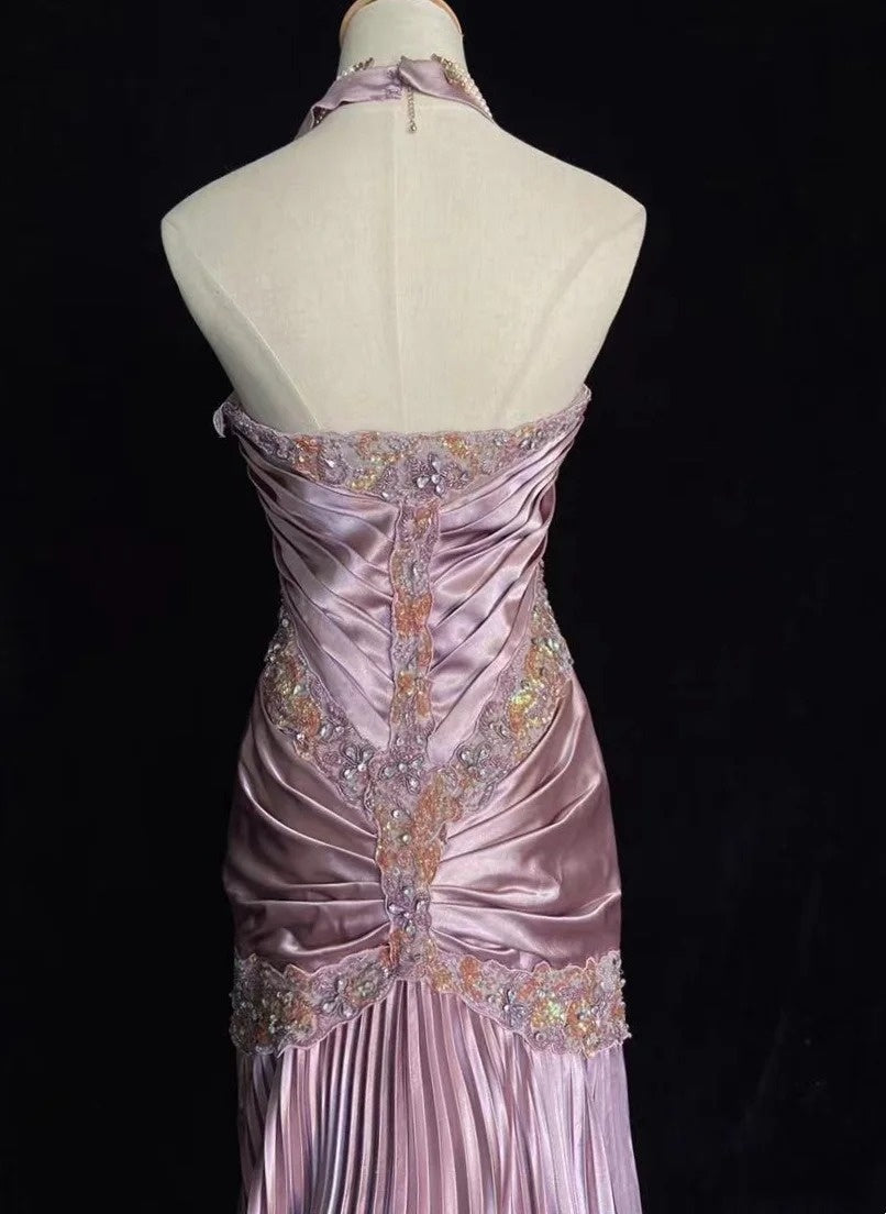Robes de bal vintage des années 80 sirène dos nu satin rose avec volants longues tenues de soirée N3452
