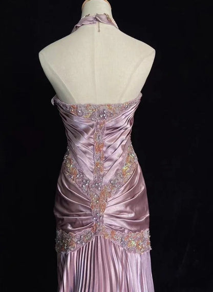 Robes de bal vintage des années 80 sirène dos nu satin rose avec volants longues tenues de soirée N3452