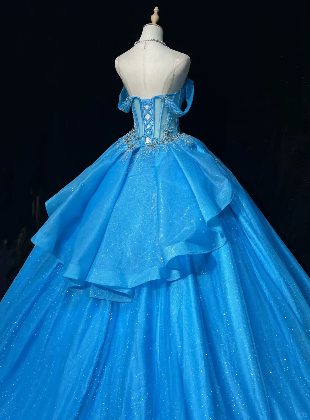 Princess Ball Gown Off The Shoulder Blue Tulle With Appliqued Lace Sweet 16 Dresses Quinceanera Dress RB3289