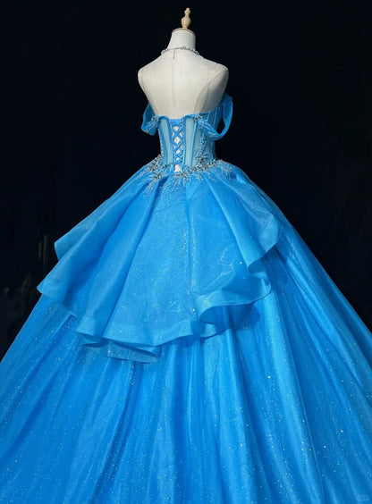 Princess Ball Gown Off The Shoulder Blue Tulle With Appliqued Lace Sweet 16 Dresses Quinceanera Dress RB3289