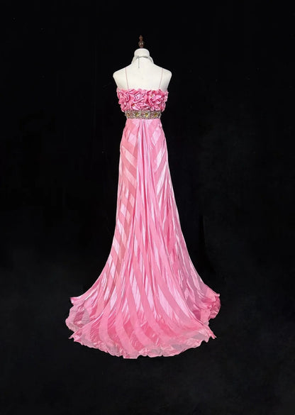 Vintage Abschlussballkleider Spaghettiträger Meerjungfrau Pink mit Goldspitze Lange formelle Abendkleider N3862