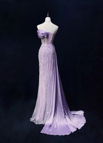 Vintage Ballkleider Inspo Meerjungfrau Trägerlos Lila Pailletten Mit Schlitz Perlen 80er Jahre Langes Abendkleid N2742