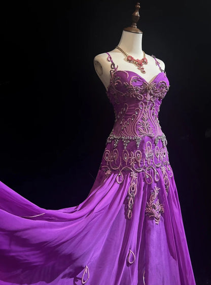 Vintage Prom Dresses Mermaid Spaghetti Strap Purple Chiffon With Beads Appliques Floor Length 80s Formal Gown N2583