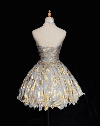 Prinzessinnen Ballkleid Trägerlos Gold Organza Kurz Mini Heimkehrkleider Hoco Kleider N2912