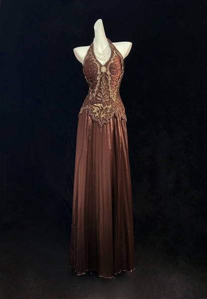 Vintage Prom Dresses 80s A Line Halter Chocolate Satin Long With Beading Evening Formal Outfits RB5137