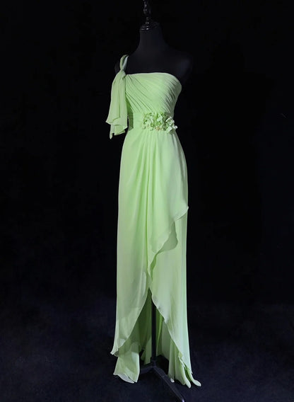 Belles Robes de Bal Coupe Empire Asymétrique en Mousseline Vert avec Volants Longues Tenues de Soirée N3383