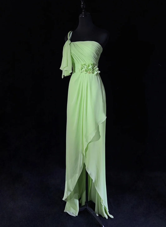 Wunderschöne Abschlussballkleider A-Linie One-Shoulder Chiffon Grün Mit Rüschen Lange Abendkleider N3383