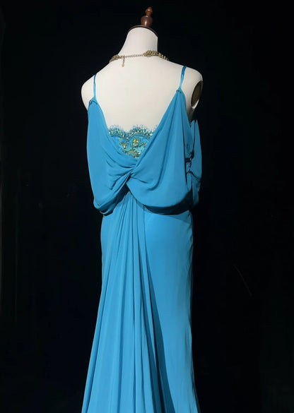 Robes de bal gothiques glamour sirène, bretelles fines, mousseline bleue sans manches avec perles, robe de soirée semi-formelle N3819