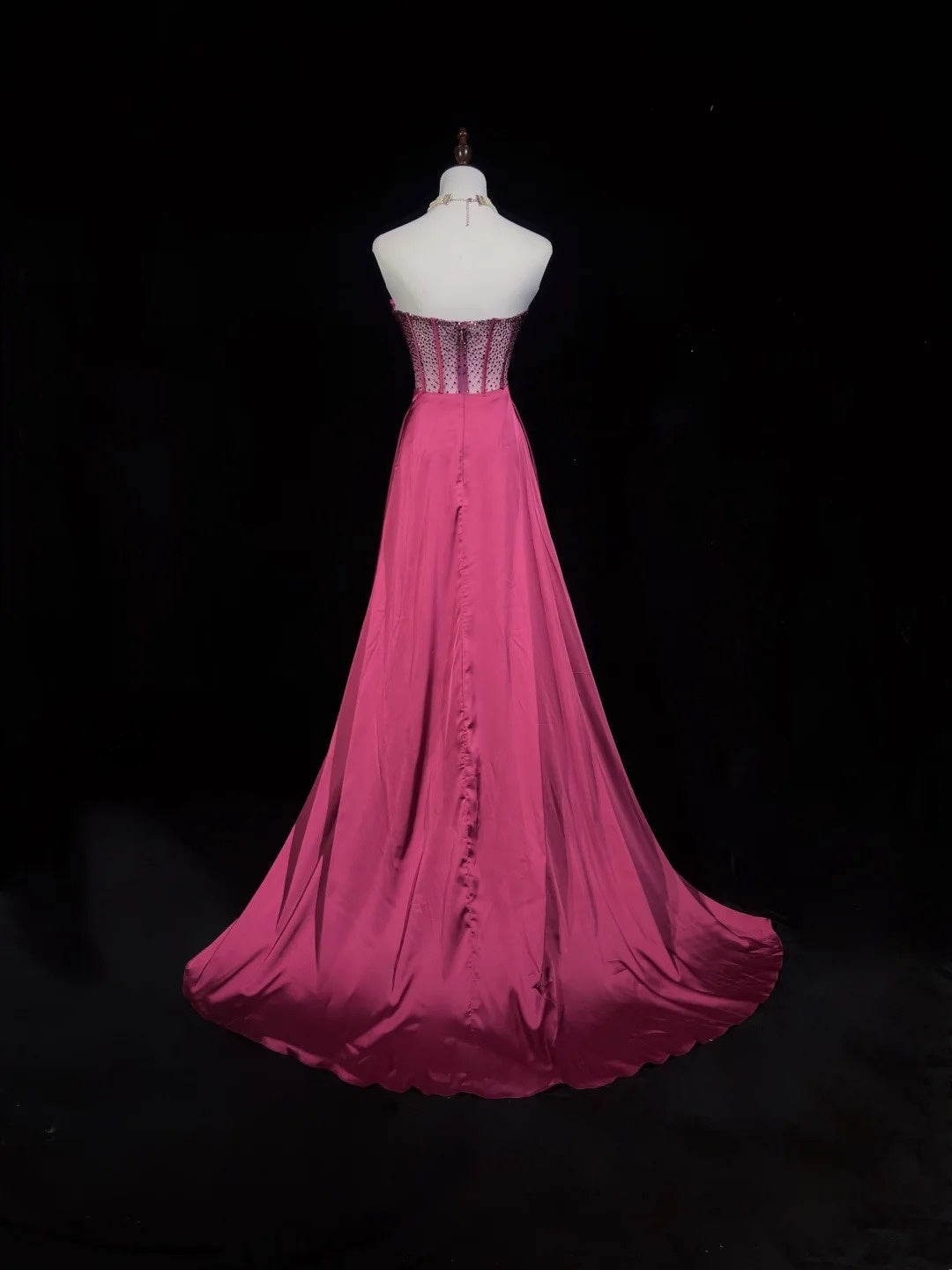 Vintage Ballkleider A-Linie Sweetheart Hot Pink Satin 70er Jahre Mit Perlen Langes Abendkleid N2530