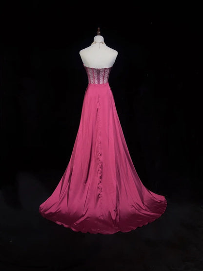 Vintage Ballkleider A-Linie Sweetheart Hot Pink Satin 70er Jahre Mit Perlen Langes Abendkleid N2530