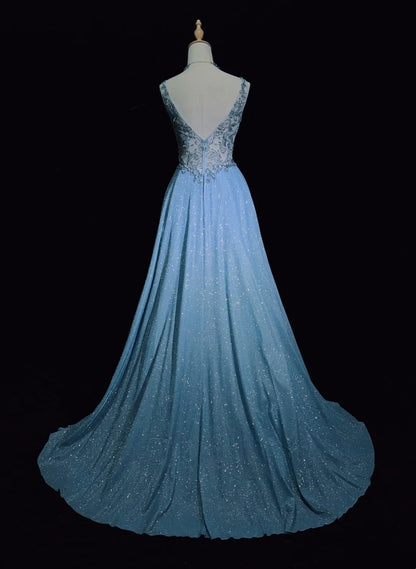 Elegante Abschlussballkleider Inspiration Meerjungfrauen-V-Ausschnitt-Träger Blau Pailletten mit Rüschen für Damen Formelles Kleid N3227