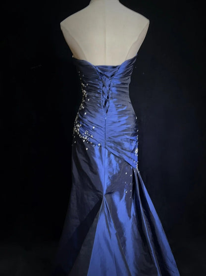 Robes de bal vintage des années 90 sirène bustier bleu marine satin longues avec perles tenues de soirée N3135