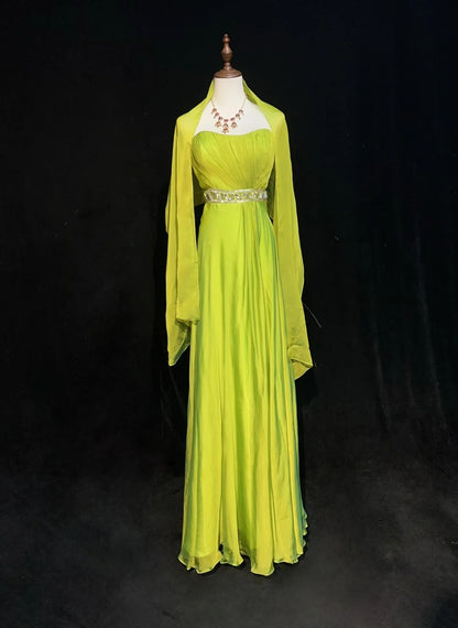 Vintage 90er Abschlussballkleider A-Linie Trägerlos Grün Chiffon Mit Plissiertem Umhang Formelle Abendkleidung N3852