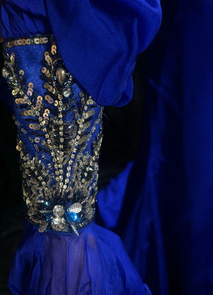 Vintage Abschlussballkleider Inspo Meerjungfrau, One Shoulder, Königsblau mit langen Ärmeln, Perlen, 80er Jahre, langes Abendkleid N2740