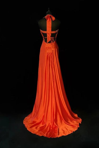 Vintage Prom Dresses A line Sweetheart Orange Satin Backless With Beading 1960s Long Formal Gown N2609