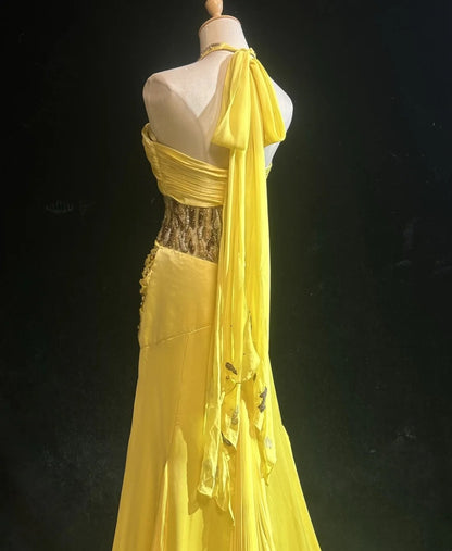 Robes de bal vintage trapèze, dos nu, jaunes années 70 avec perles, en mousseline, longue robe de soirée formelle N2526