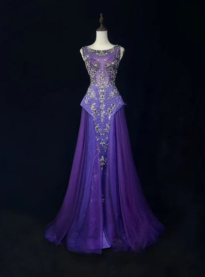 Vintage Prom Dresses 90s Mermaid Scoop Purple Tulle Long With Beading Evening Formal Outfits RB5145