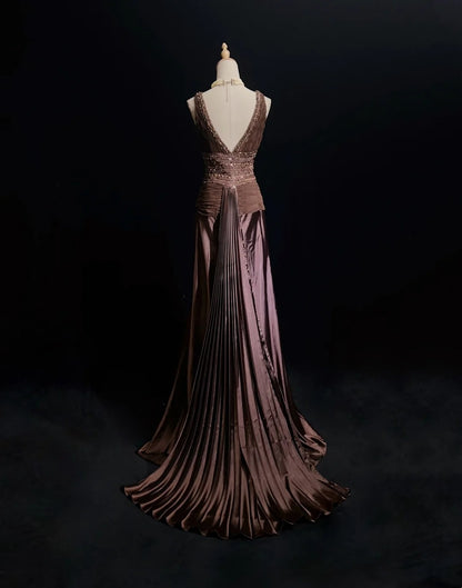 Robes de bal vintage sirène en mousseline de soie chocolat col en V avec perles longue robe de soirée N2453