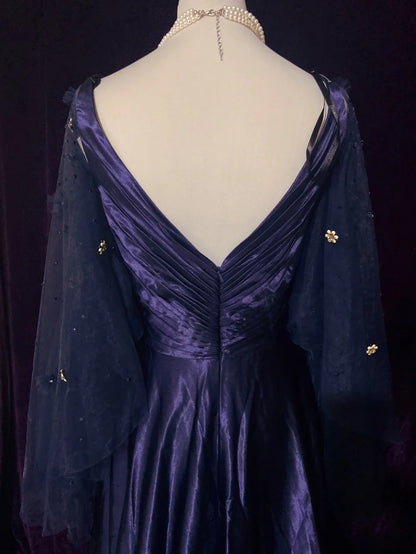 Robes de bal vintage, inspiration ligne A, empire, col en V, satin bleu marine années 90 avec manches, robes de soirée N3314