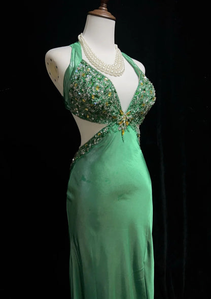 Robes de bal vintage Sirène Halter Dos Nu Vert Perlé Années 90 Longue Robe de Soirée Formelle N2648