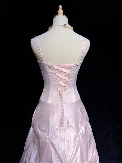 Vintage Prom Dresses 1950s Retro Classy A line Spaghetti Strap Pink Evening Outfits With Cape N3003