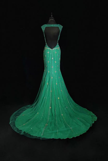 Vintage Sirène Col en V Vert Dos Nu Robes de Soirée Longues de Bal Tenues Formelles RB3941