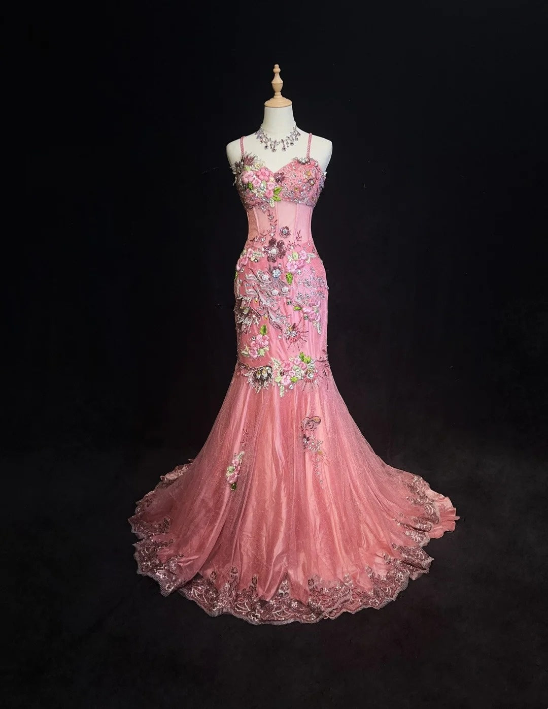 Vintage Abschlussballkleider Meerjungfrau Spaghettiträger Rosa Spitze mit Perlen 90er Lange Abendrobe N2890