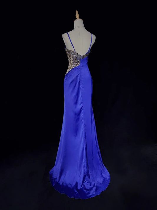 Vintage Prom Dresses Mermaid Spaghetti Strap Royal Blue 70s With Beading Long Formal Party Dress N2516