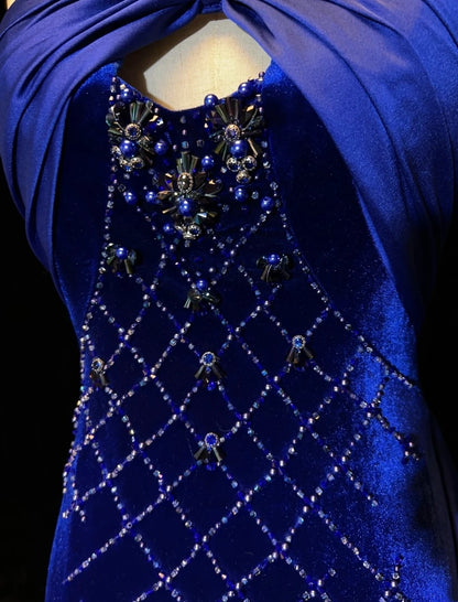 Robes de bal vintage Sirène Bleu Royal Velours Sans Manches Avec Perles Années 90 Longue Robe de soirée N2902