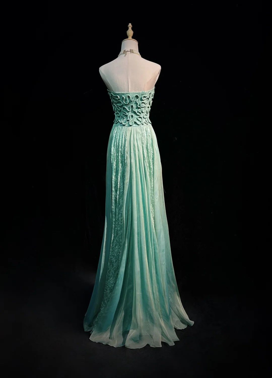 Robe de soirée rétro, robes vintage, bustier coupe A, dentelle verte mousseline perlée, tenues de cérémonie années 90 N2328