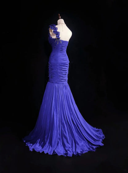 Vintage Meerjungfrauen-Abschlussballkleider One Shoulder Royalblau Chiffon mit Perlenbesatz 3D-Blumen Langes Ballkleid N2458