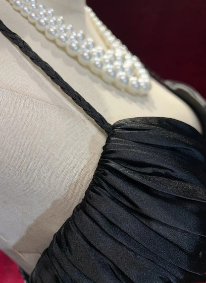 Vintage Abschlussballkleider Meerjungfrau Spaghetti-Träger Black Tie Kleid Ärmellos Taft 90er Langes Abendkleid N2882
