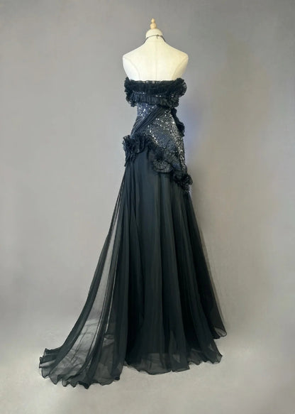 Vintage Prom Dresses Meerjungfrau Sweetheart Black Tie Kleid Chiffon mit Perlen 1980er Jahre Lange Abendkleid N2621