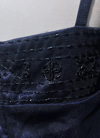 Vintage Ballkleider A-Linie Spaghettiträger Marineblau Tüll 80er Jahre Mit Perlen Lang Formelle Abendgarderobe N3871