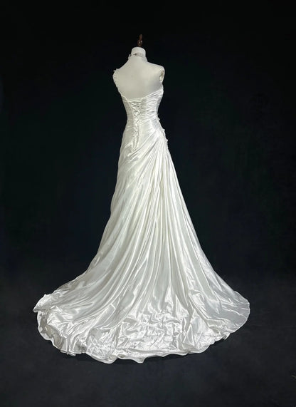 Robes de bal vintage Inspo Sirène Asymétrique Épaules Dénudées Satin Blanc Années 80 Avec Dentelle Robes de Soirée Formelles N3380