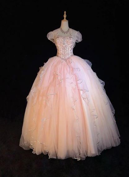 Robe de bal bustier manches courtes rose à paillettes longue robe de soirée d'anniversaire de bal avec veste N2861