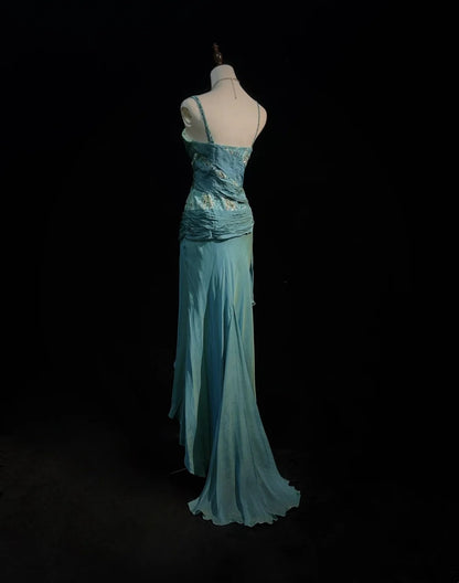 Robes de bal vintage coupe trapèze années 2000 à fines bretelles en mousseline bleue avec perles dentelle longue robe de soirée N2459